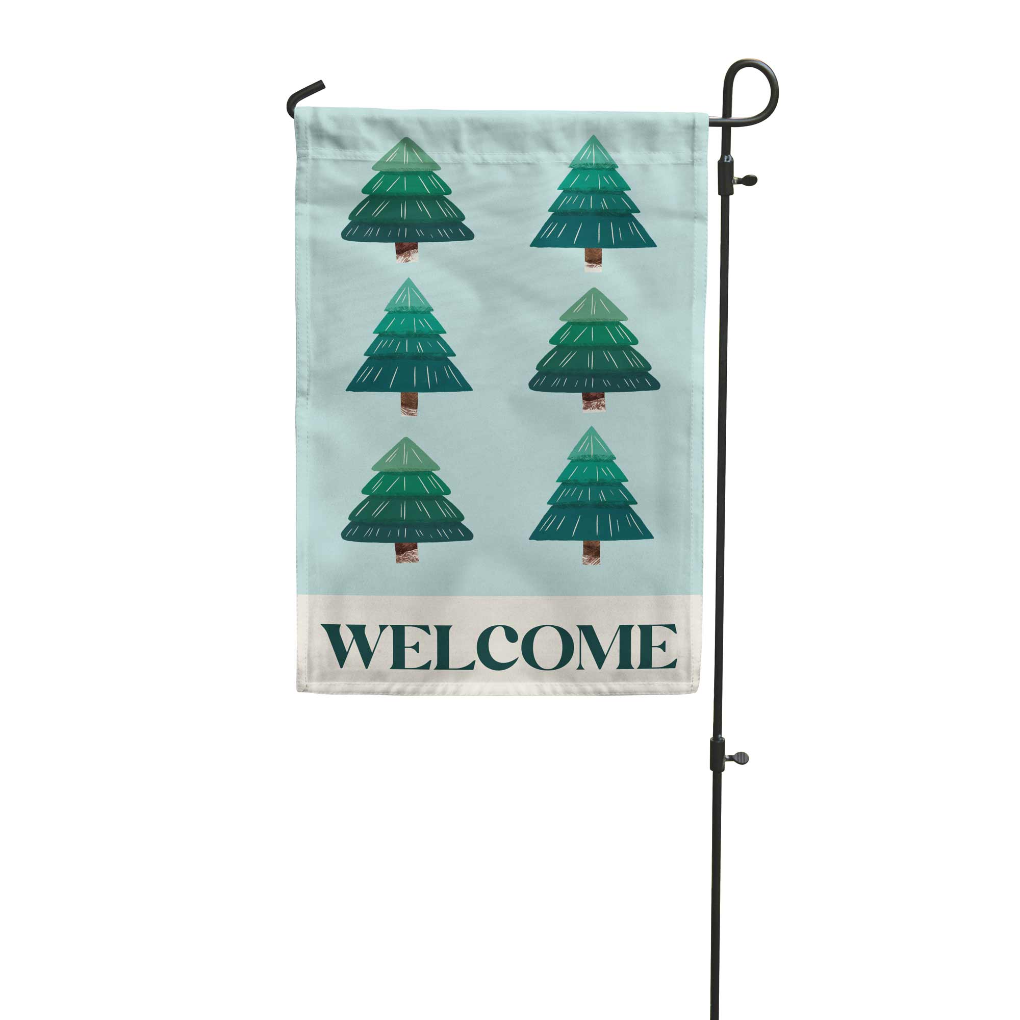 Welcome tree garden flag with 6 trees and "welcome" at the bottom. Designed in house at flags for good