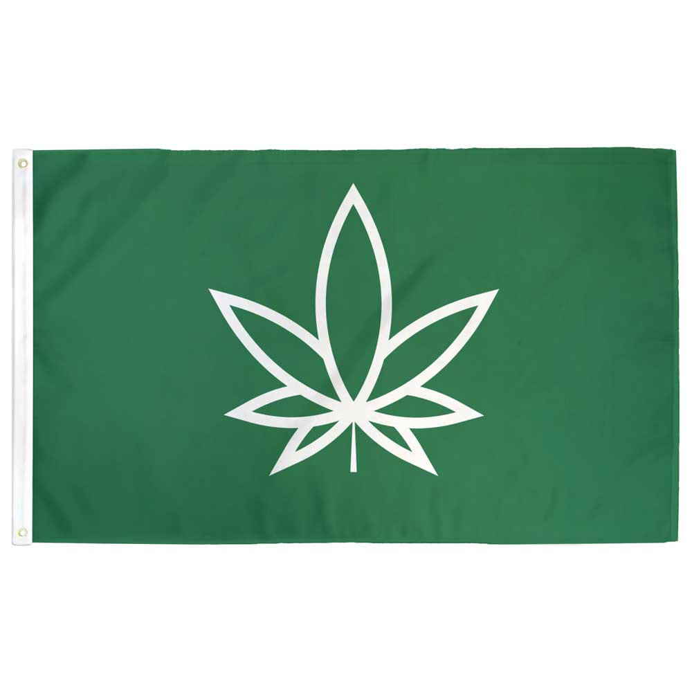 3ft x 5ft Marijuana flag with outlined pot leaf and a green background