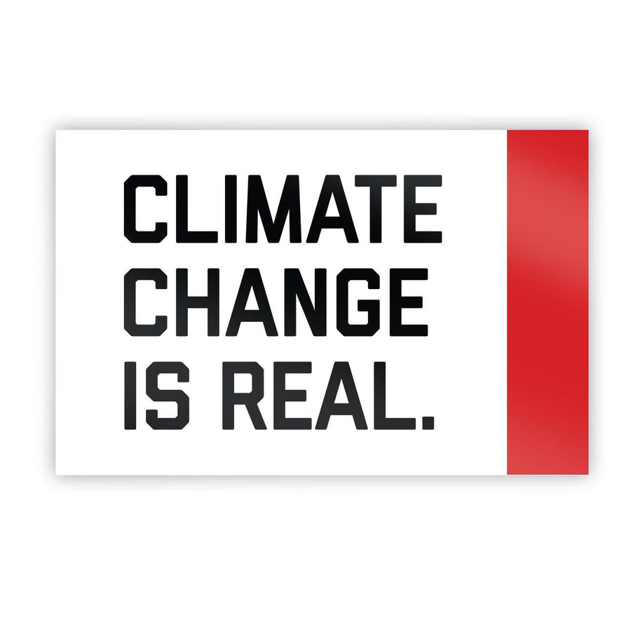 Climate Change Is Real Sticker, black text with a red stripe on the right side 