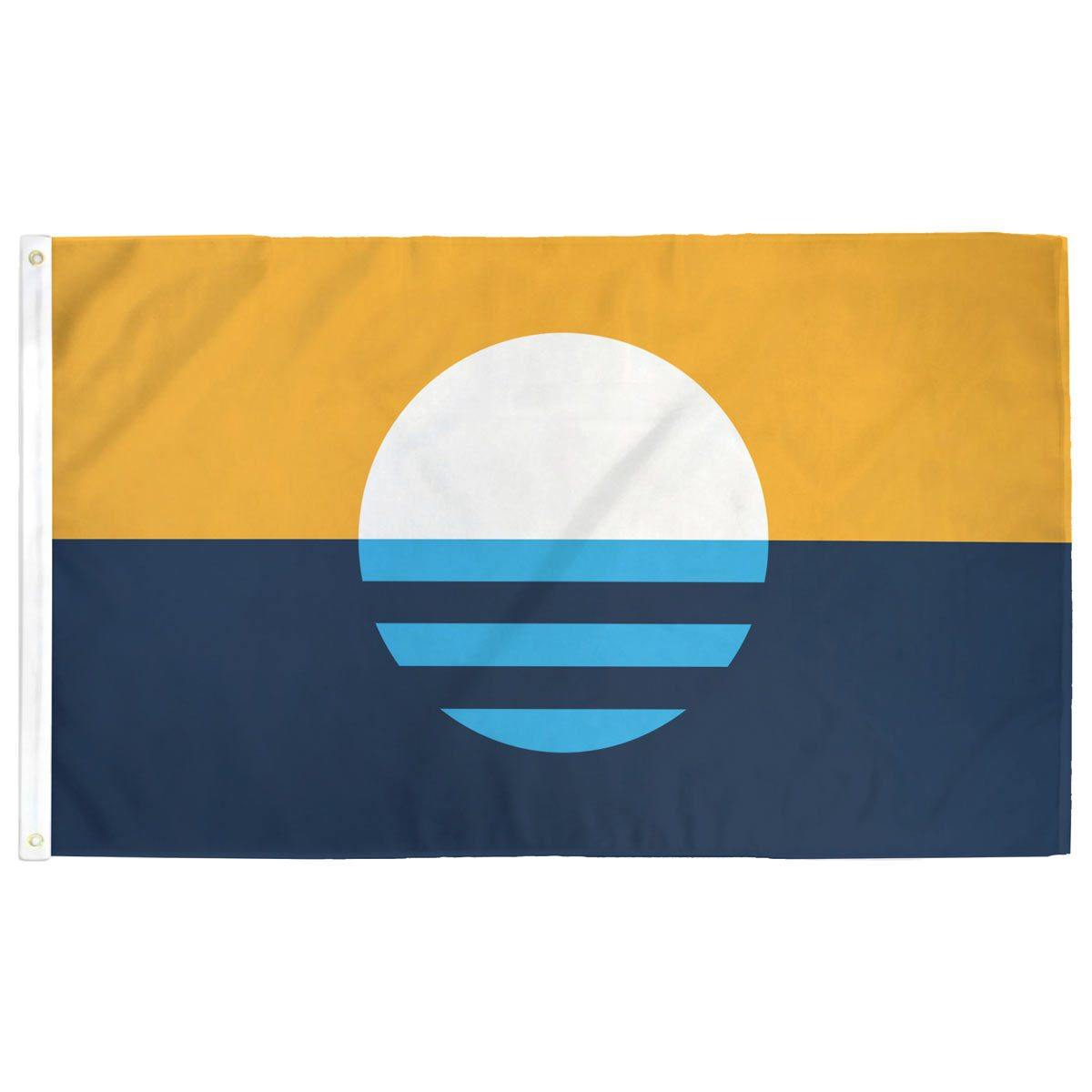 Milwaukee people's flag - Blue and Yellow background with a circular white sun in the middle creating ripples in the lower section