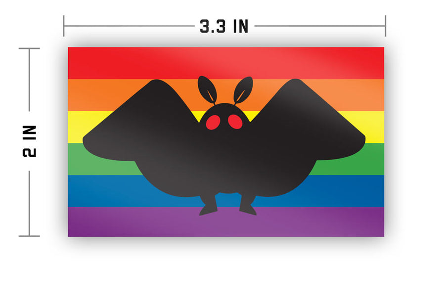 Mothman Pride Flag Sitcker measuring 2 by 3.3 inches