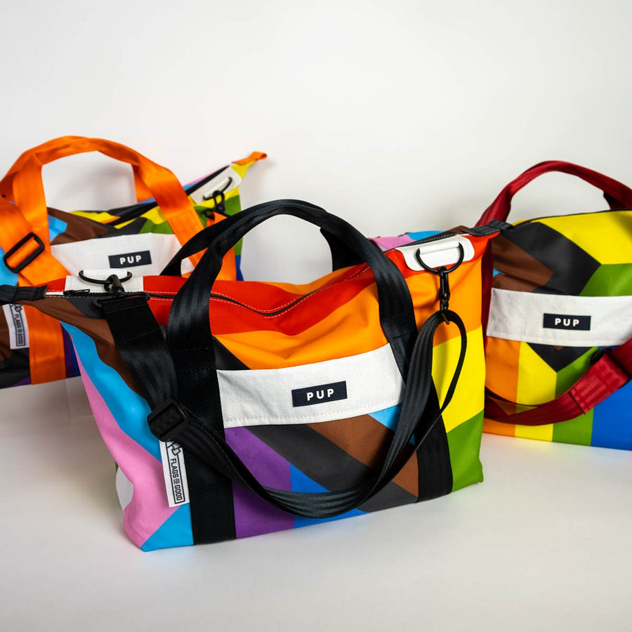 Upcycled Progress Pride Flag Weekender Bags - Flags For Good X PUP