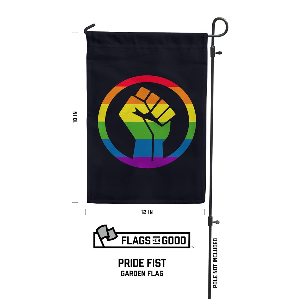 Rainbow BLM Fist garden flag measuring 12 by 18 inches