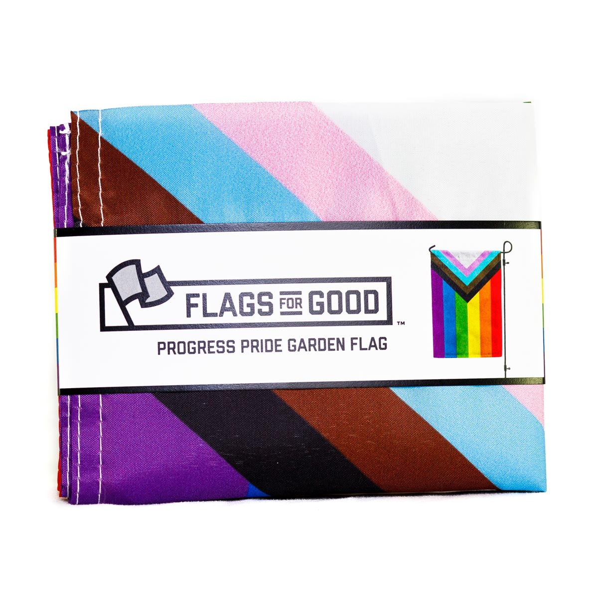 Progress Pride Garden Flag folded in packaging