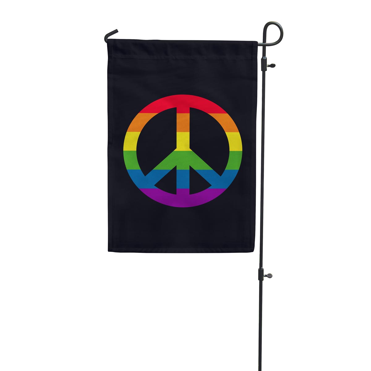 Rainbow Peace Sign on a black garden flag hanging on a pole