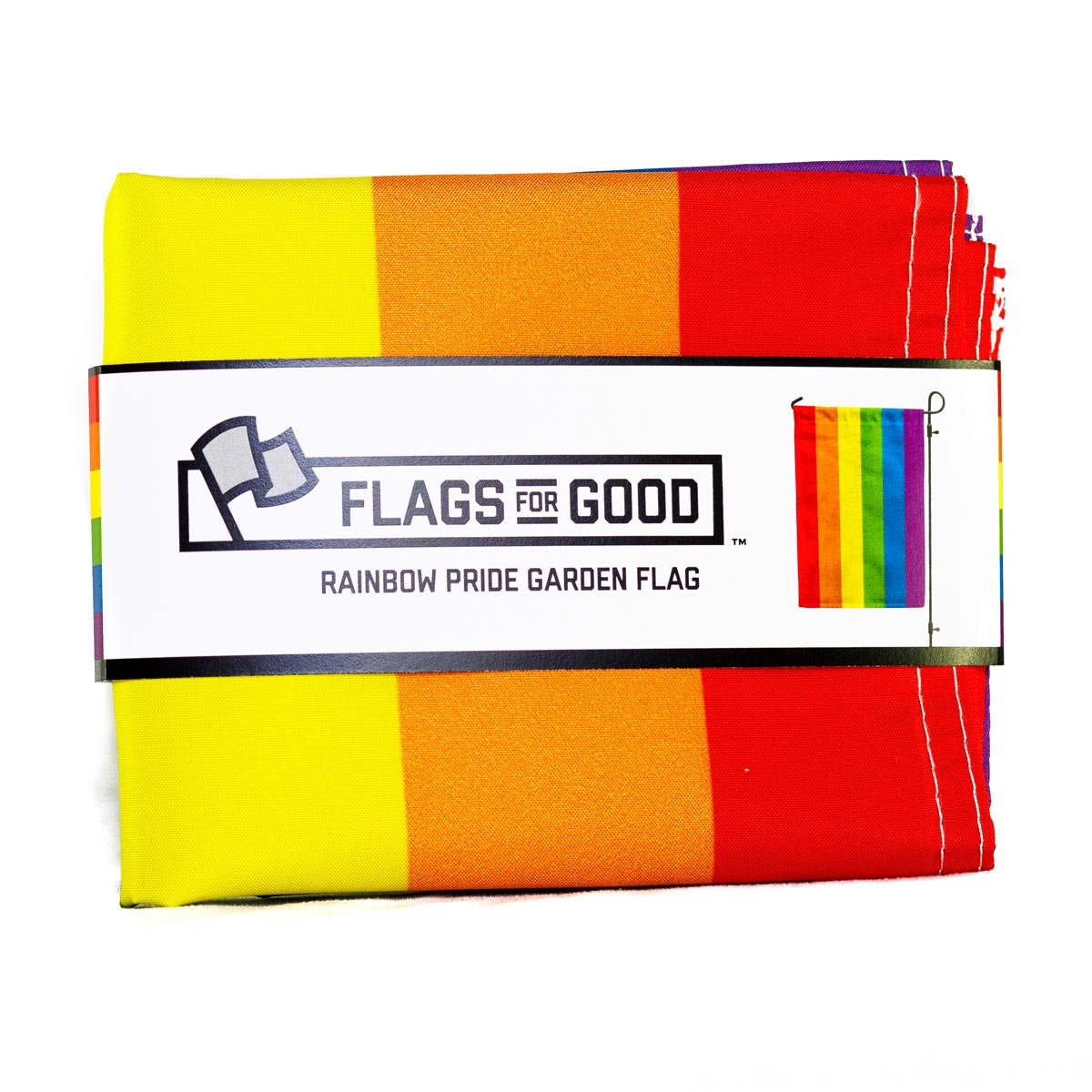 6-Stripe Rainbow LGBTQ+ Pride Garden Flag by Flags For Good folded and packaged