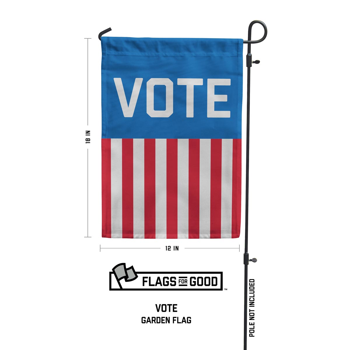 "VOTE" Garden Flag with the word on a blue background and red and white stripes falling vertically down to the bottom specs - 18"x12"