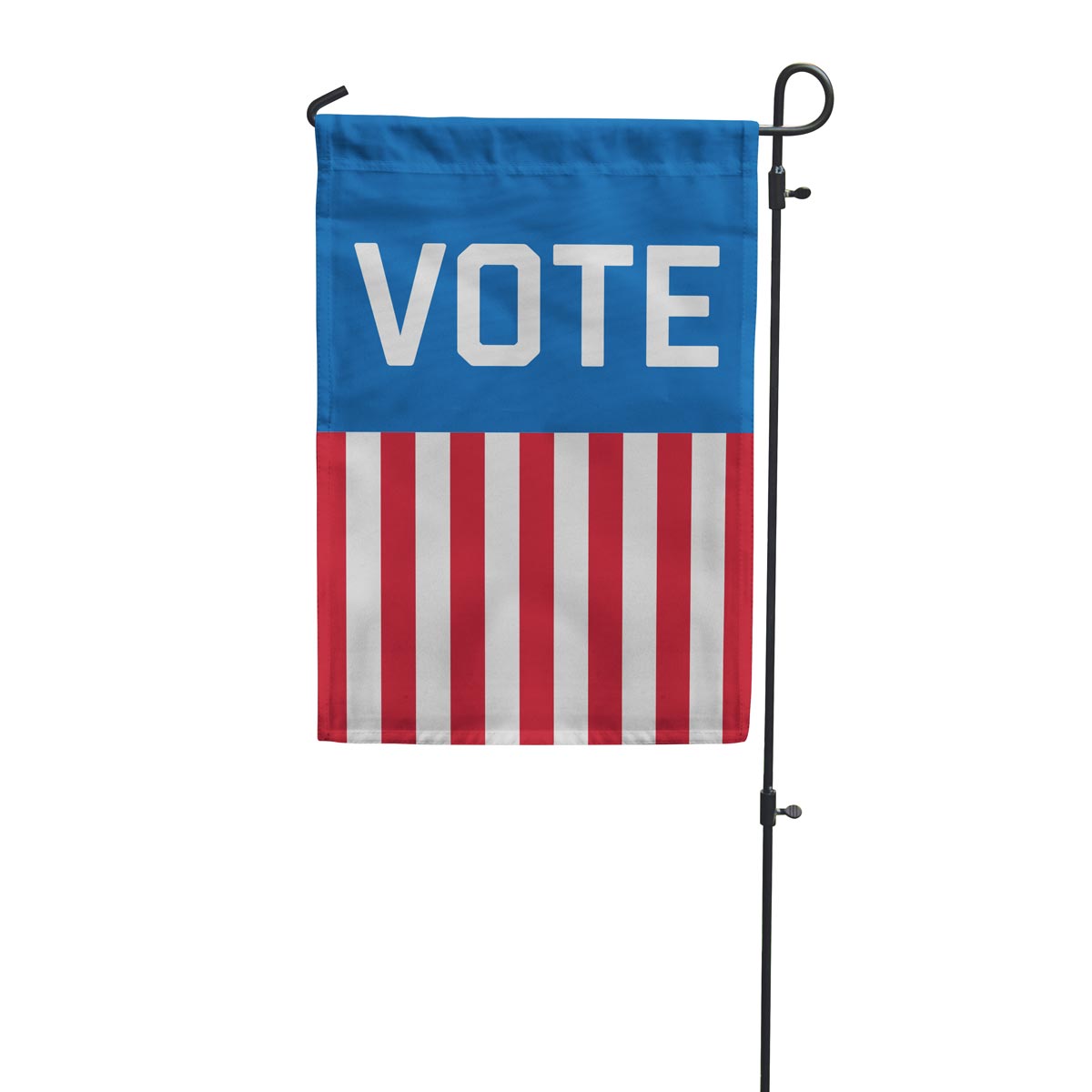 "VOTE" Garden Flag with the word on a blue background and red and white stripes falling vertically down to the bottom.