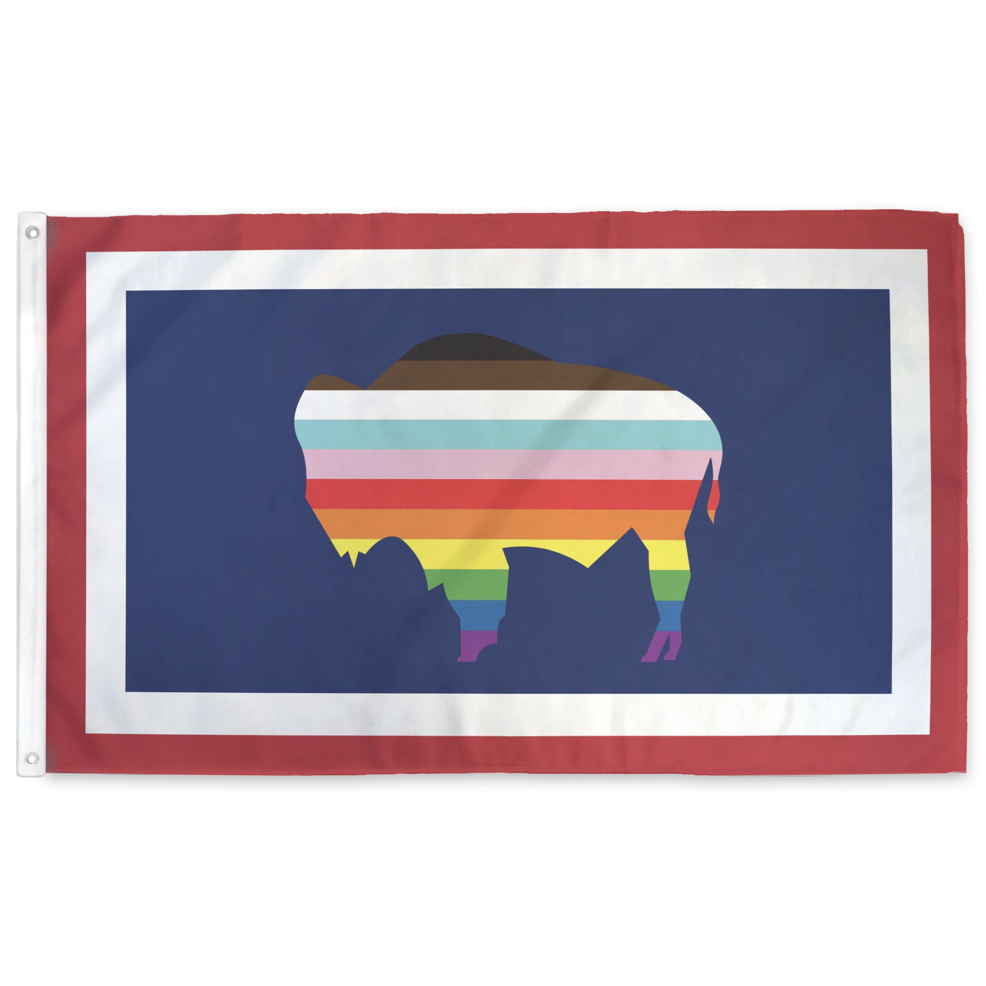 Wyoming State Flag with a rainbow inside of the bison
